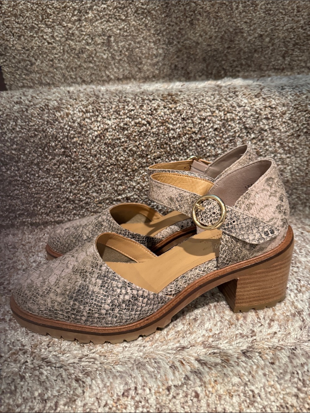 Seychelles Chunky Heel shoes in beige snakeskin print